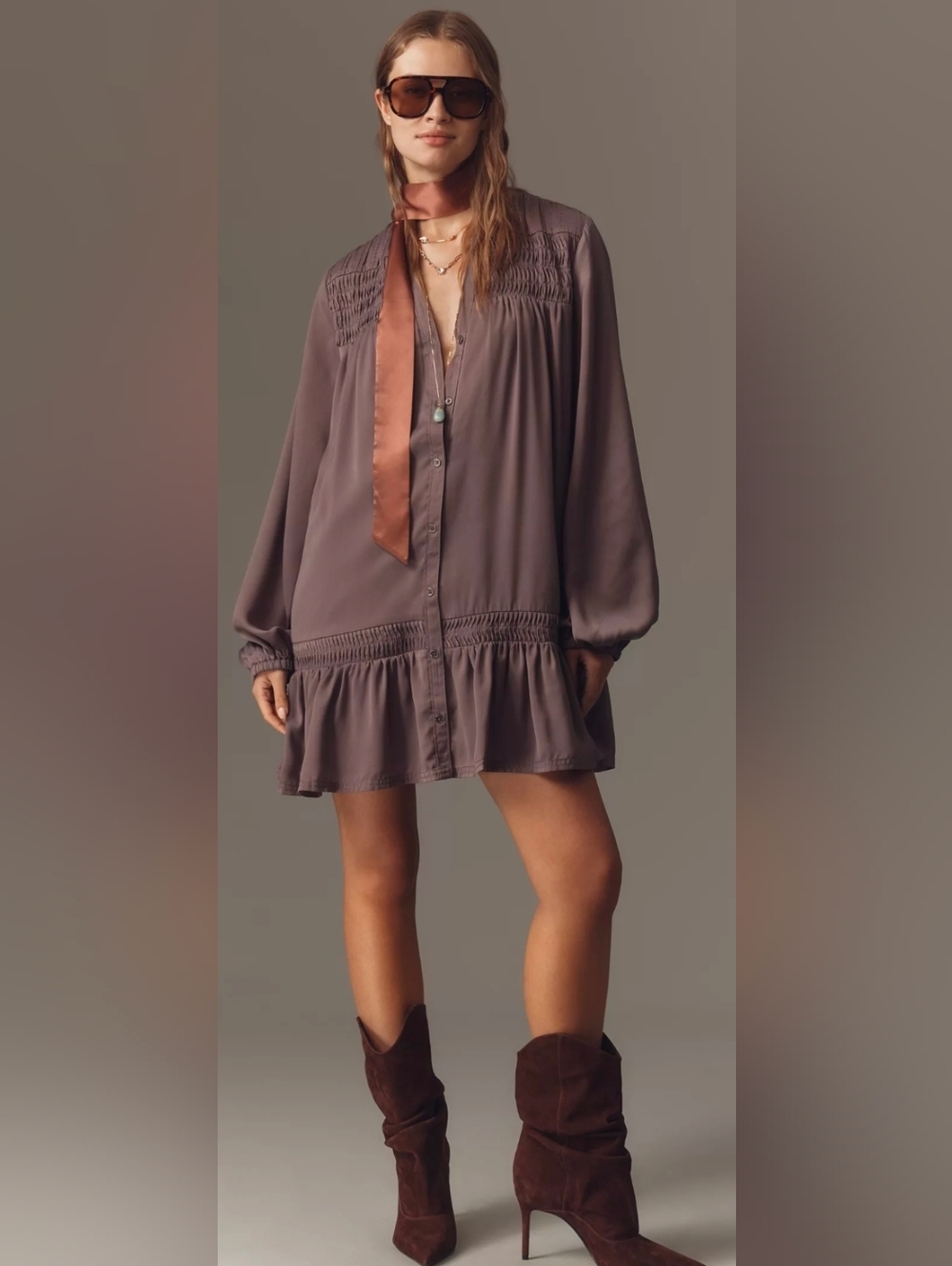 Anthropologie Mauve Long-Sleeve Smocked Mini Dress Pilcro is the brand